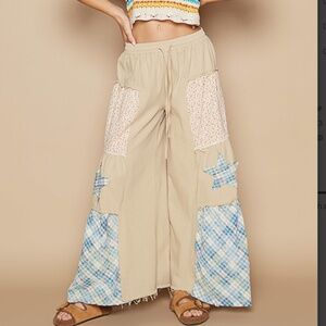 POL Floral Plaid Star Patch Raw hem Wide Leg Pants